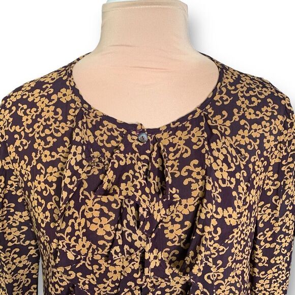 Vintage 90s Blouse Purple Ruffle Front Pirate Dark Floral Bell Long Sleeve Sheer - Picture 3 of 9